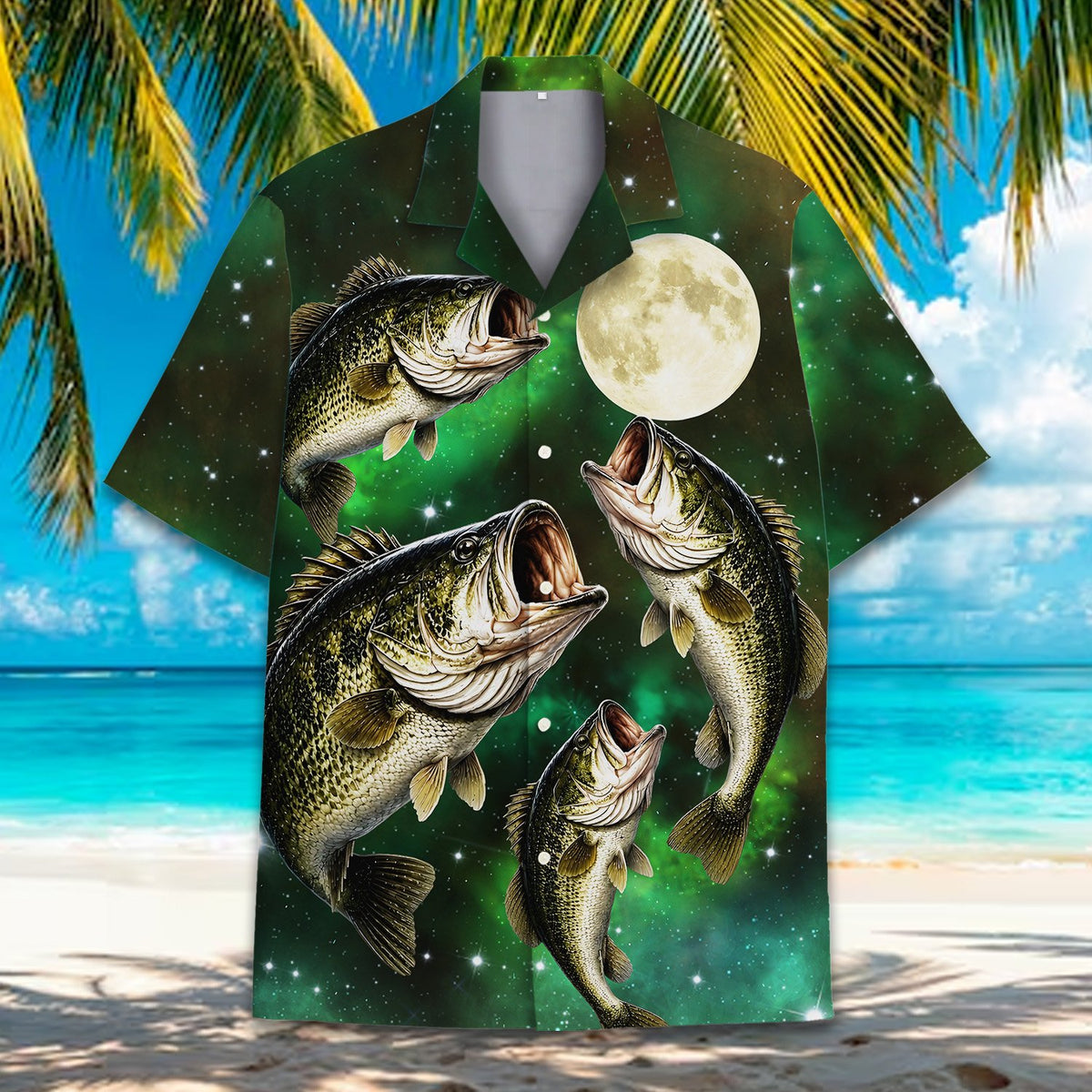 Detailed front view of the green fishing hawaiian shirt collar and buttons