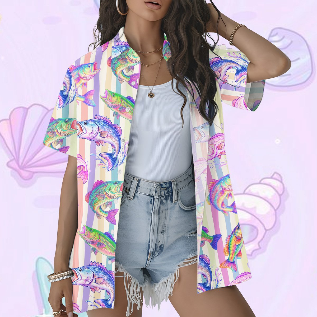 Detailed view of the colorful fishing shirt fabric