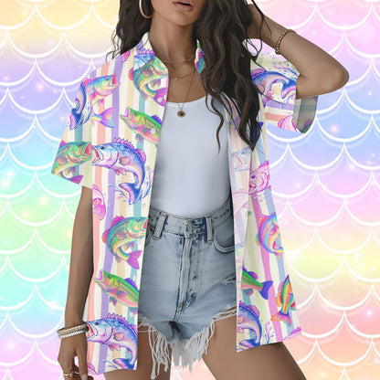 Button up front view of the hawaiian print fishing shirt