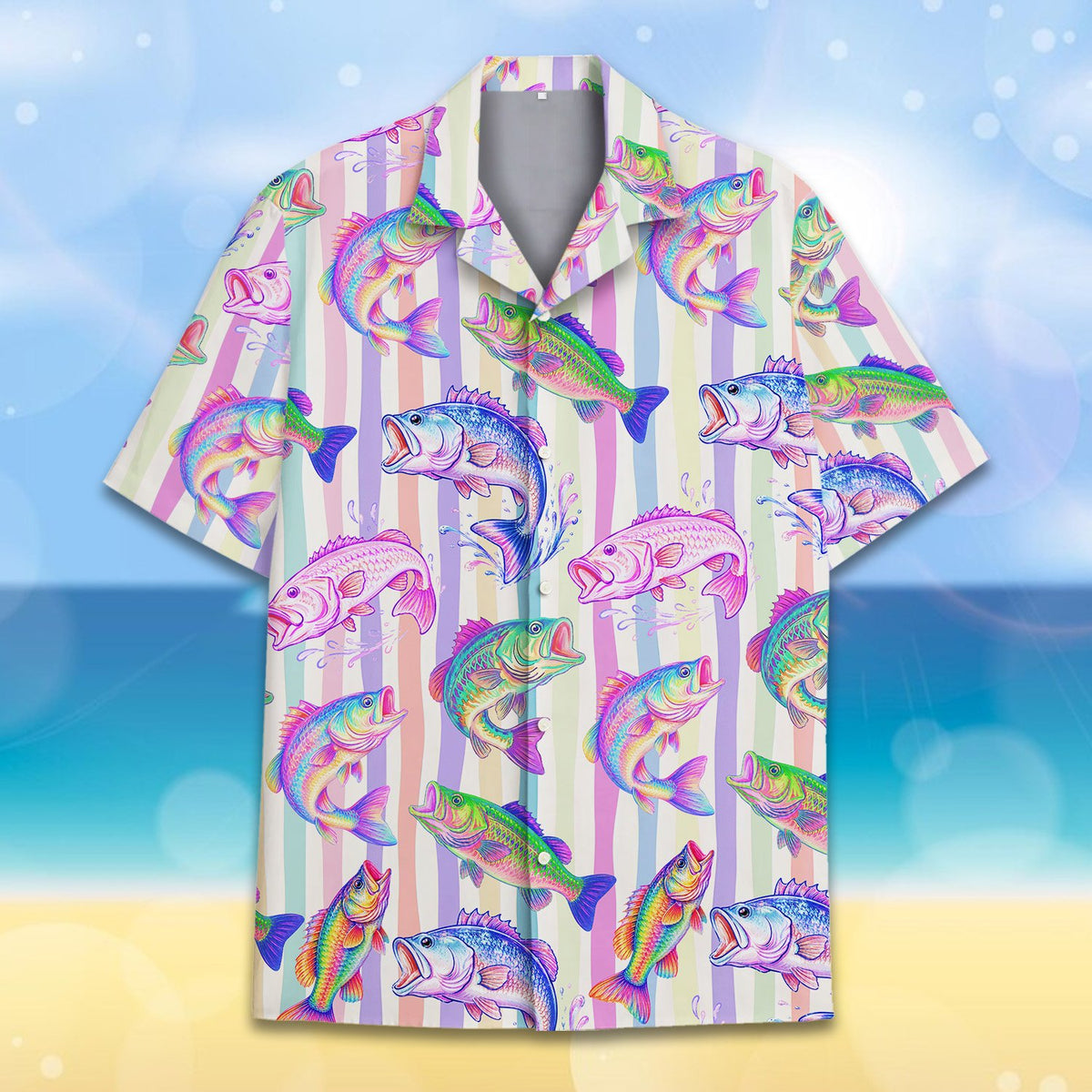 Full front display of the fishing themed hawaiian shirt