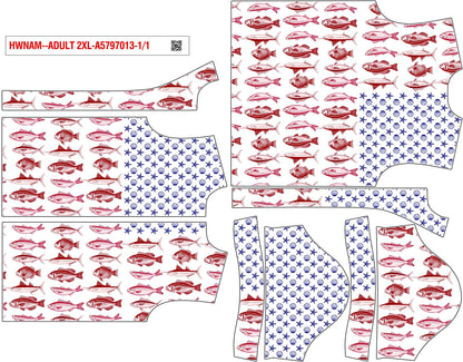 Matching family fishing hawaiian shirt with red fish and blue stars on a white background, front view