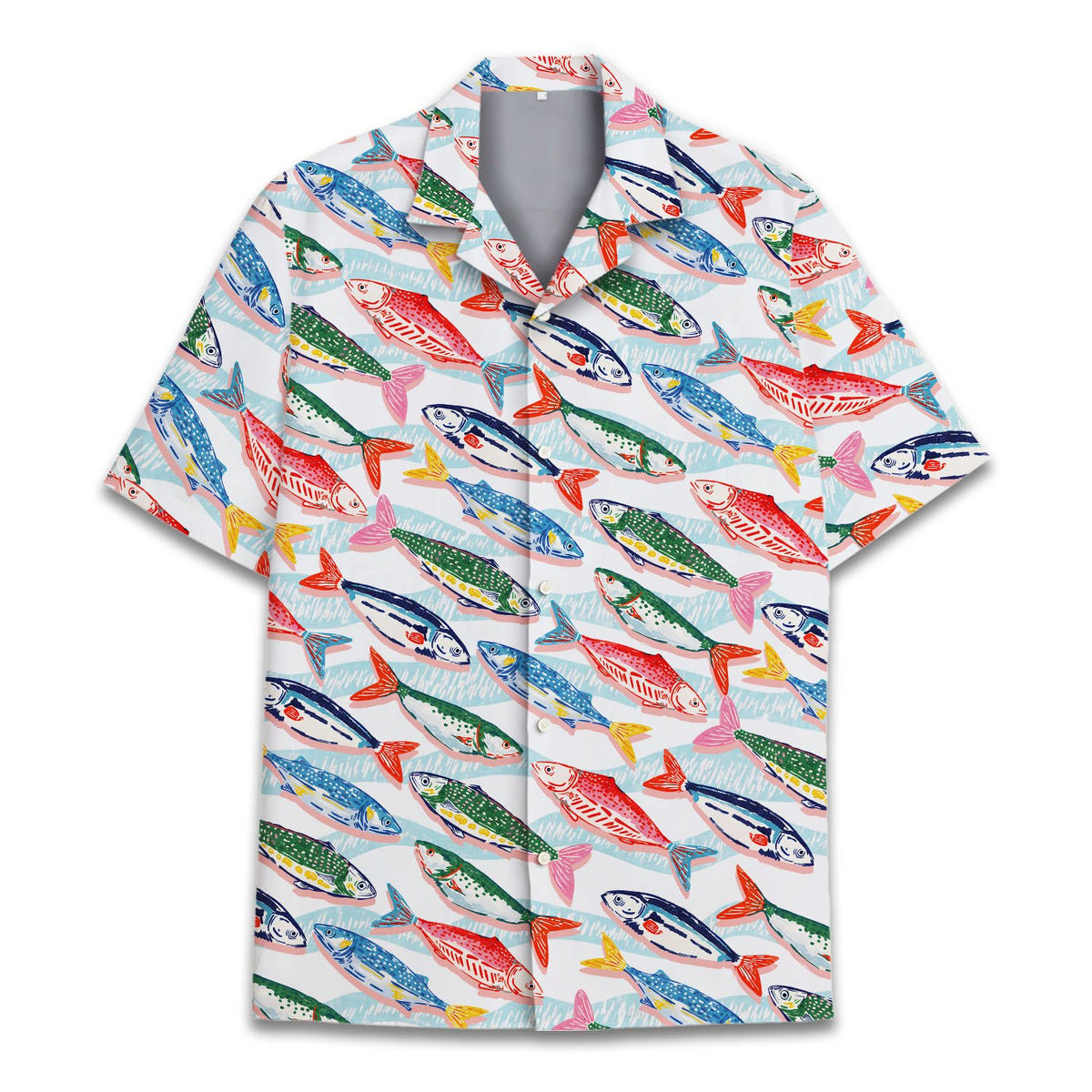 Front view of the white fishing hawaiian shirt with vibrant fish pattern