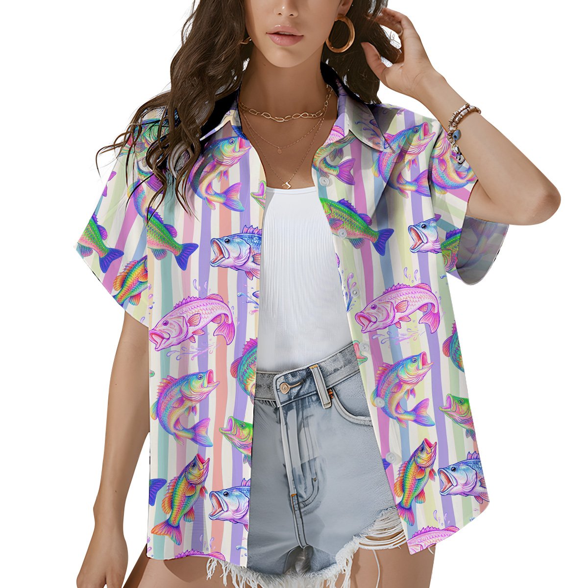 Multicolor hawaiian print fishing shirt with jumping fish pattern