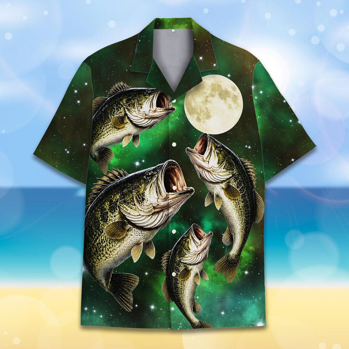 Green fishing hawaiian shirt with cosmic bass design on a vivid green background, alternate view