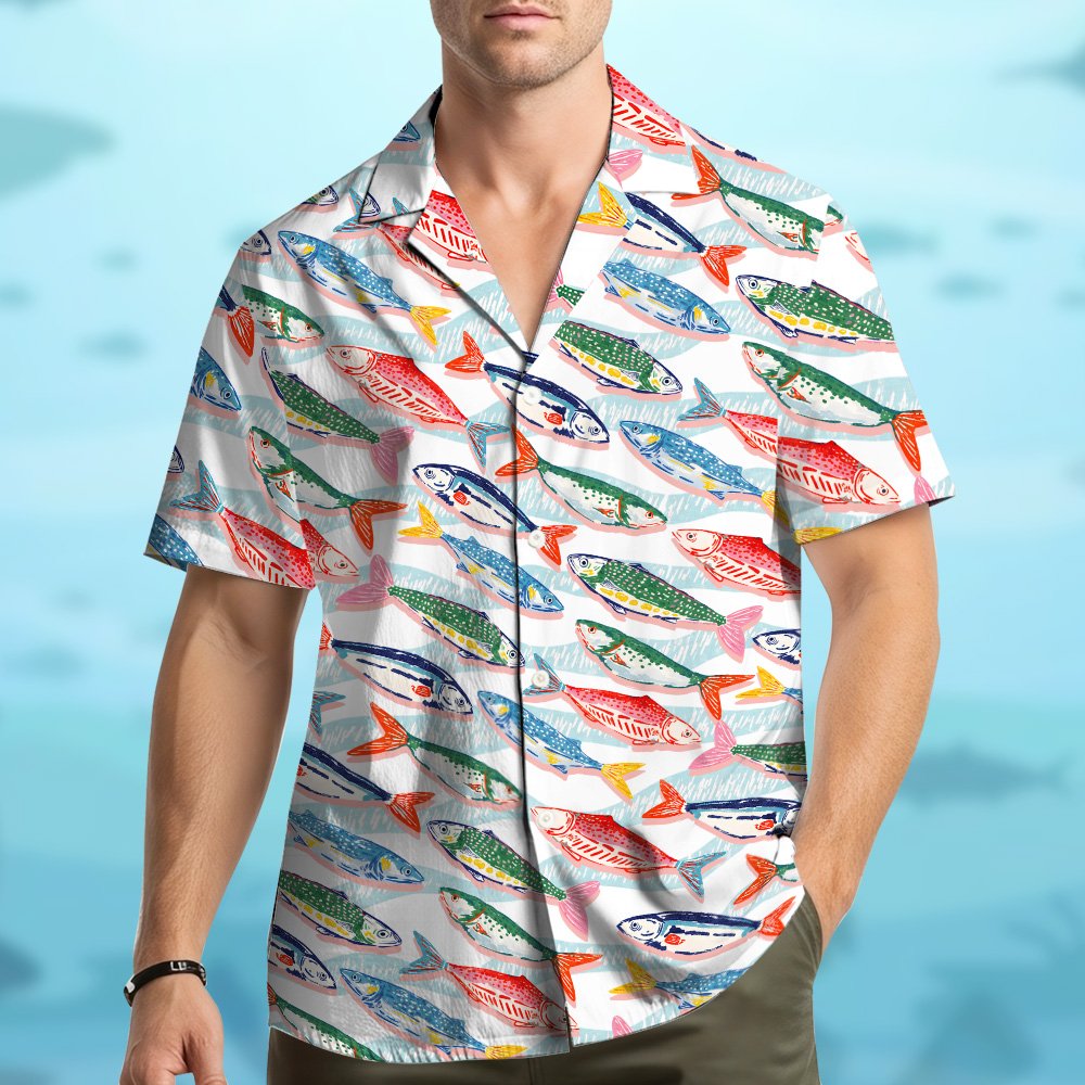 Second lifestyle view featuring the white fishing hawaiian shirt