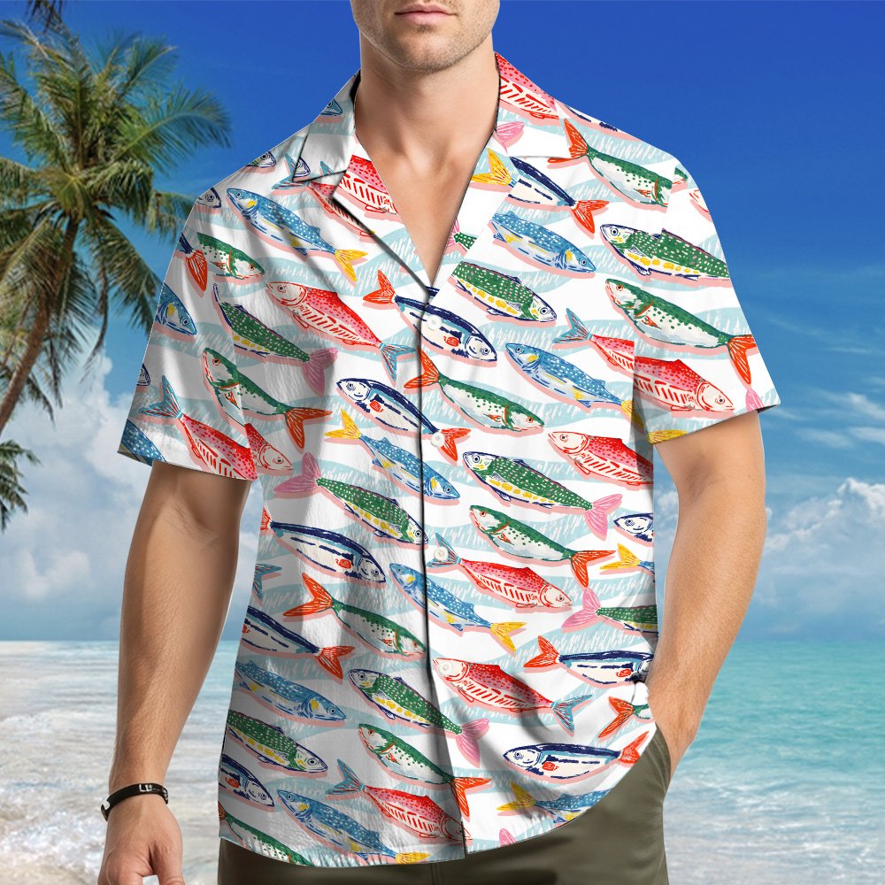 Third lifestyle view showcasing the white fishing hawaiian shirt in a casual setting