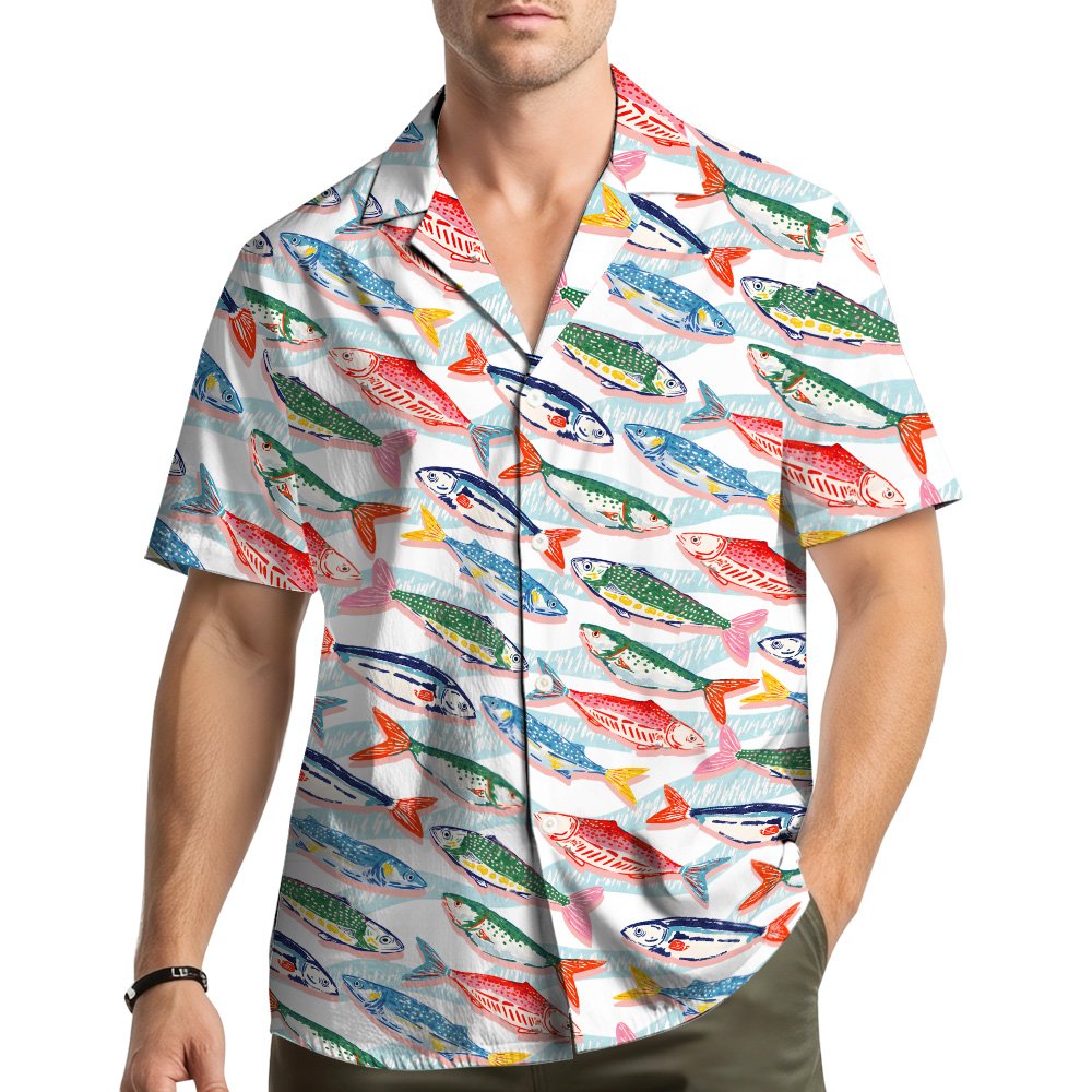 Lifestyle view of the colorful fishing hawaiian shirt worn outdoors