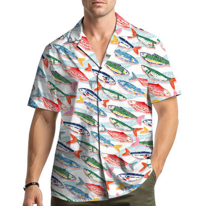 Lifestyle view of the colorful fishing hawaiian shirt worn outdoors