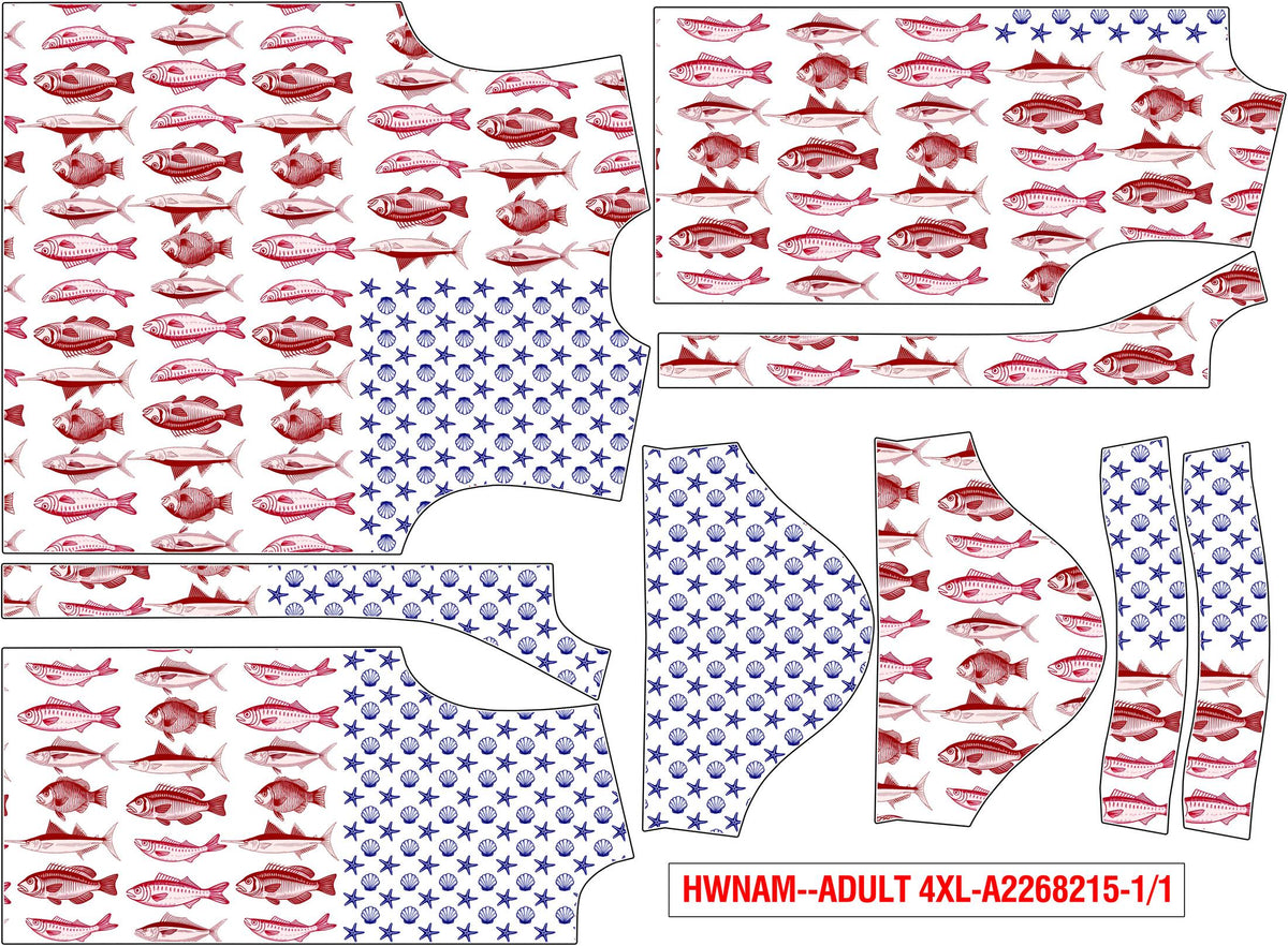 Close-up of the red fish stripes on the patriotic hawaiian shirt