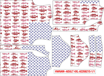 Close-up of the red fish stripes on the patriotic hawaiian shirt