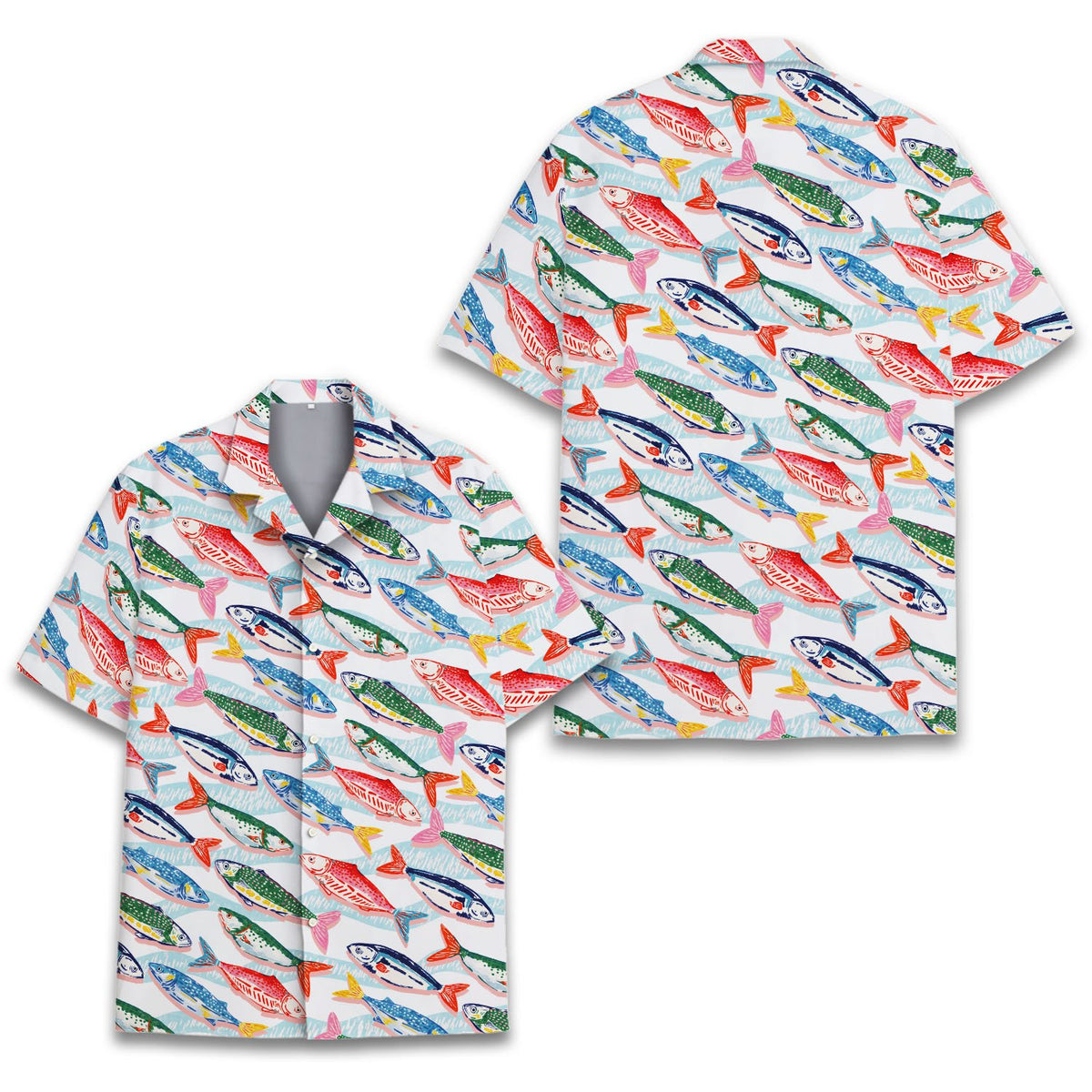 Close-up view of the fabric and button details on the hawaiian shirt
