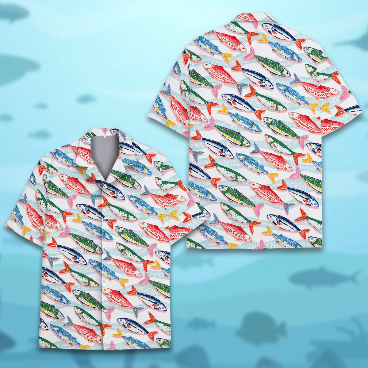 Additional detail view of the white fishing hawaiian shirt pattern