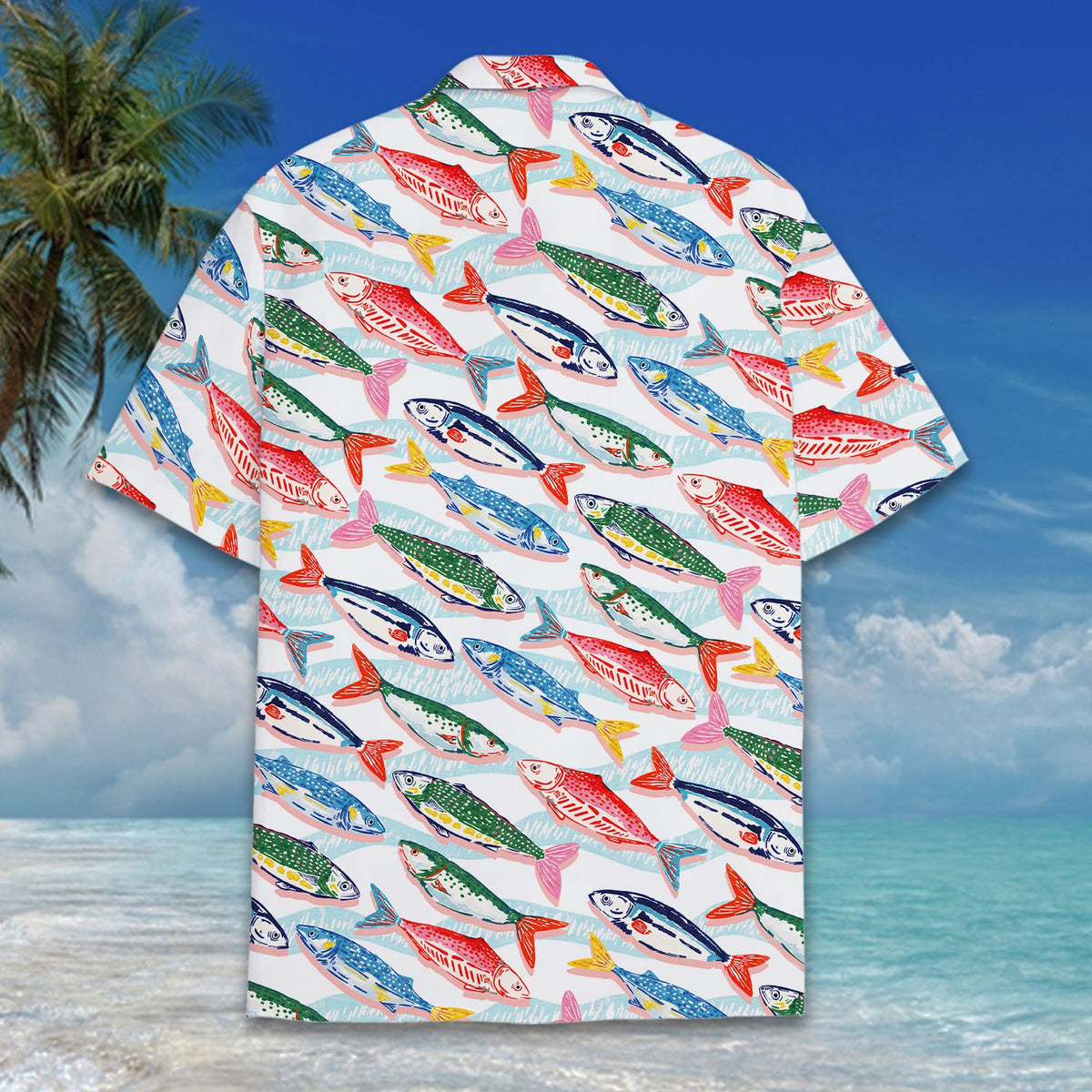 Detailed view of the vibrant fish pattern and wavy blue lines