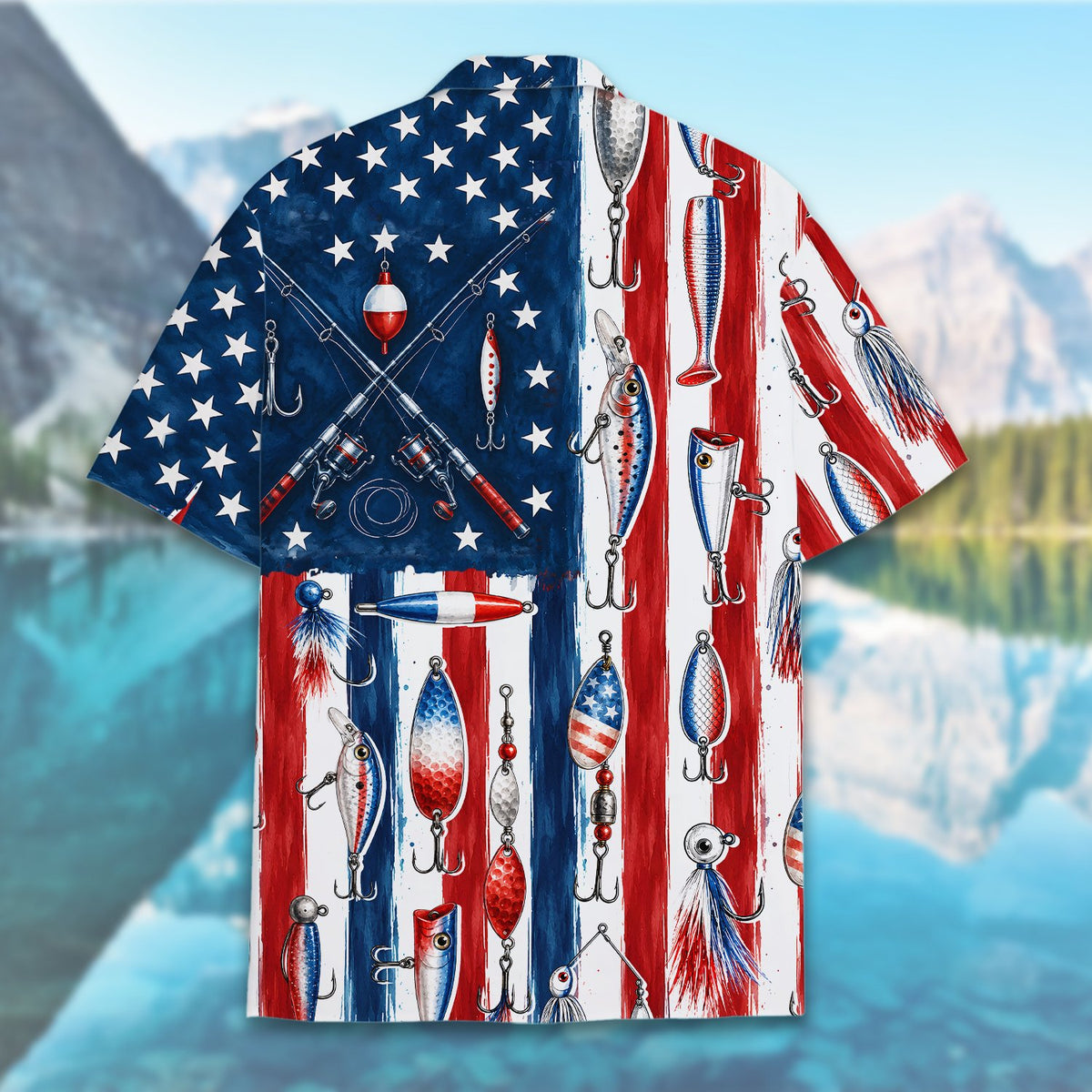 Fishing patriotic hawaiian shirt back detail view 2