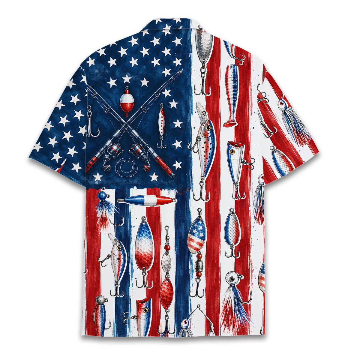 Fishing patriotic hawaiian shirt back view showing red and white stripes with lures