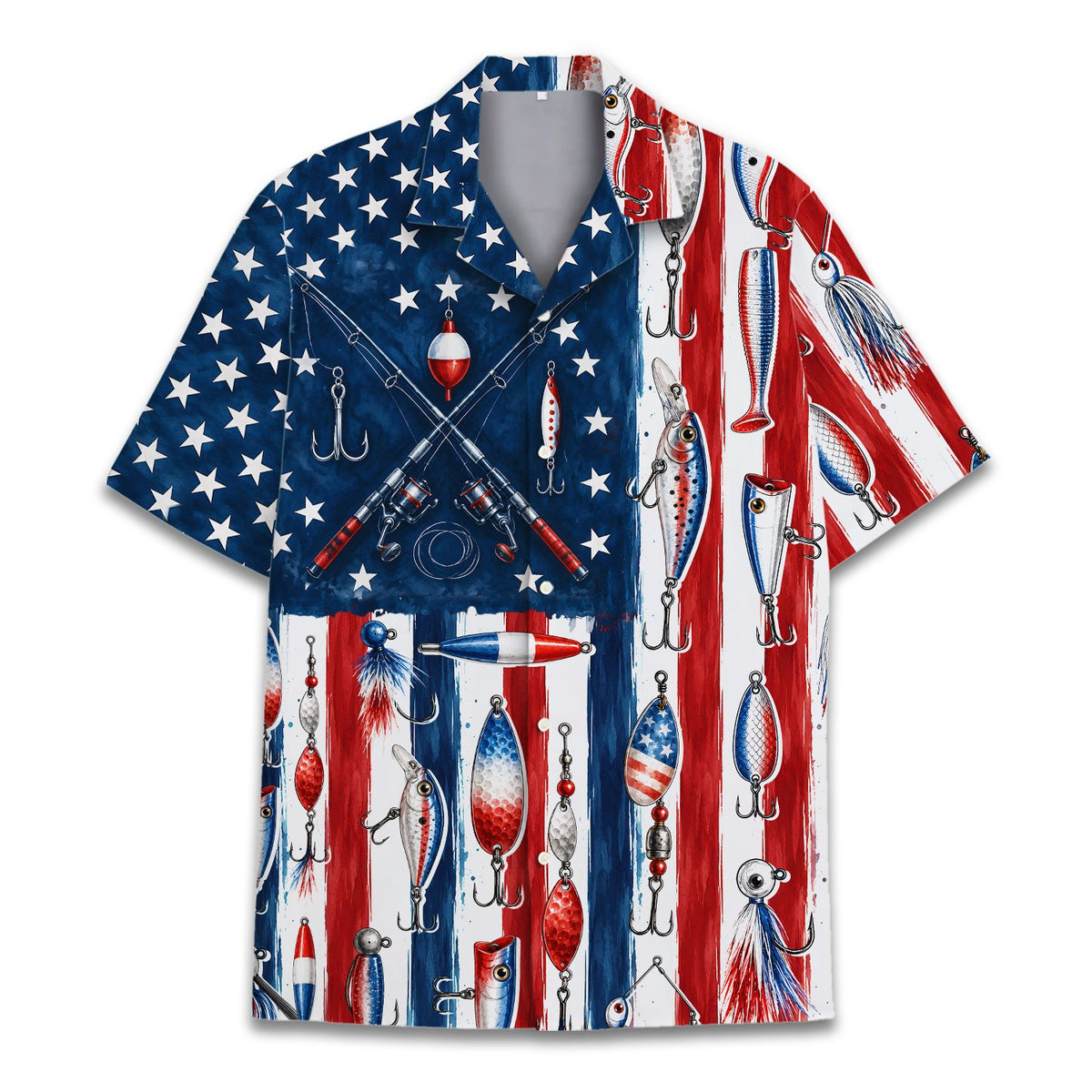 Fishing patriotic hawaiian shirt front detail view 2