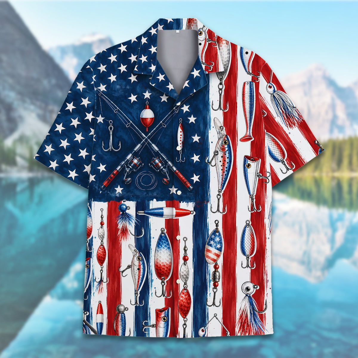 Fishing patriotic hawaiian shirt front detail view 3