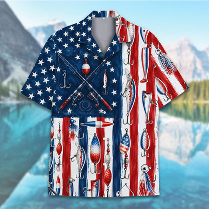 Fishing patriotic hawaiian shirt front detail view 3