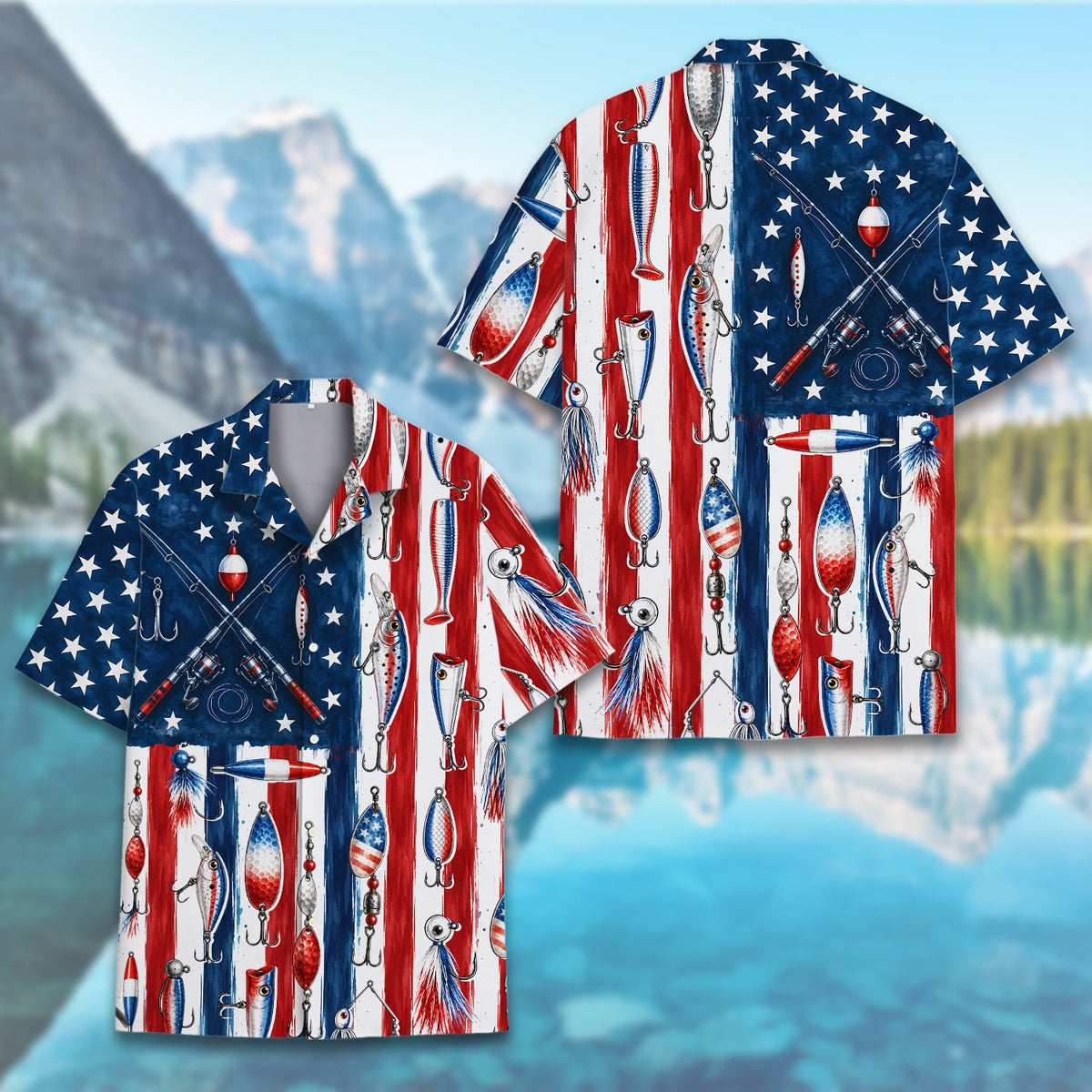 Fishing patriotic hawaiian shirt front detail view 4