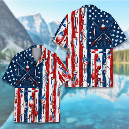 Fishing patriotic hawaiian shirt front detail view 4