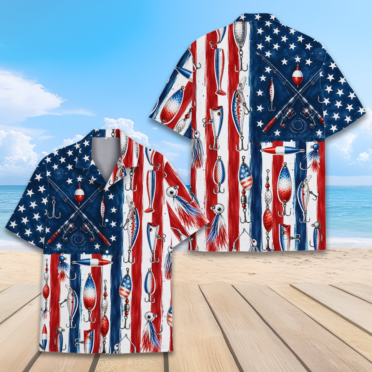 Fishing patriotic hawaiian shirt front detail view 5