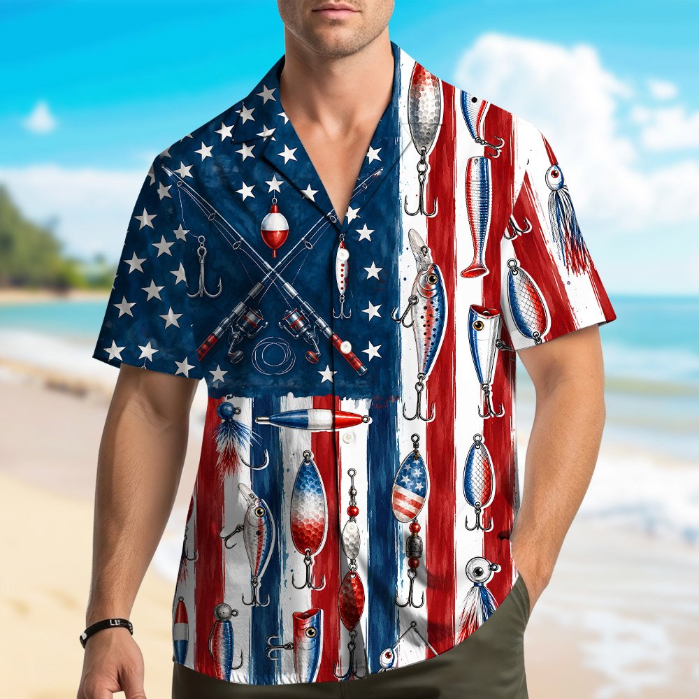 Fishing patriotic hawaiian shirt with American flag and fishing lures design, front view