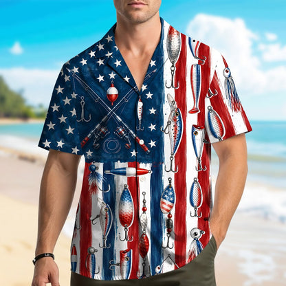 Fishing patriotic hawaiian shirt with American flag and fishing lures design, front view