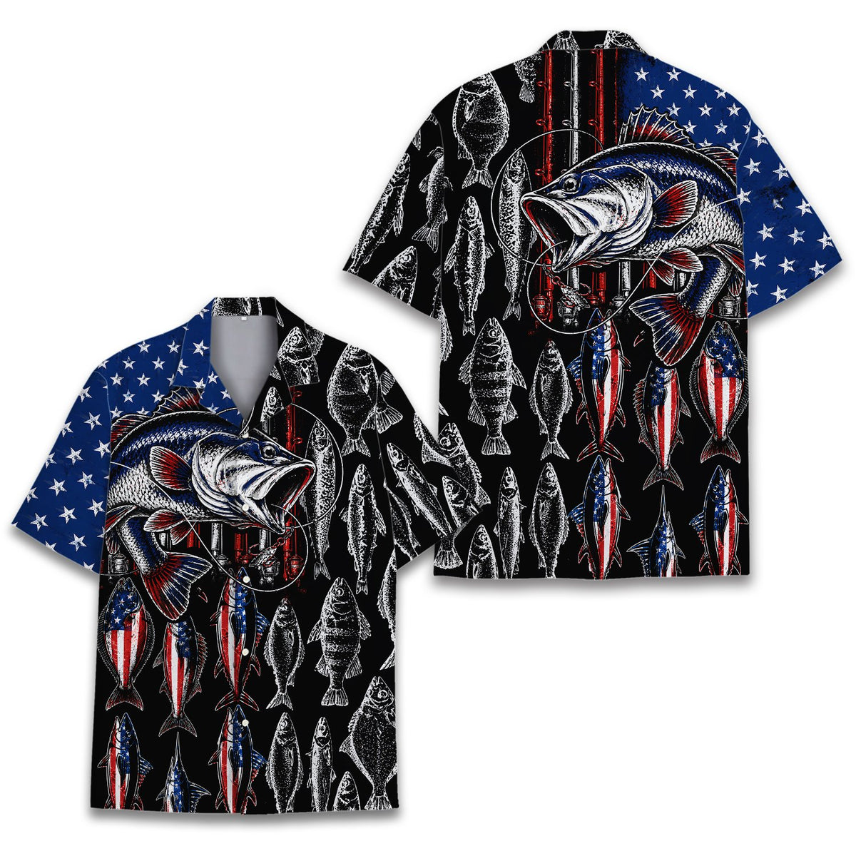 Front view of the black fishing hawaiian shirt with patriotic bass design