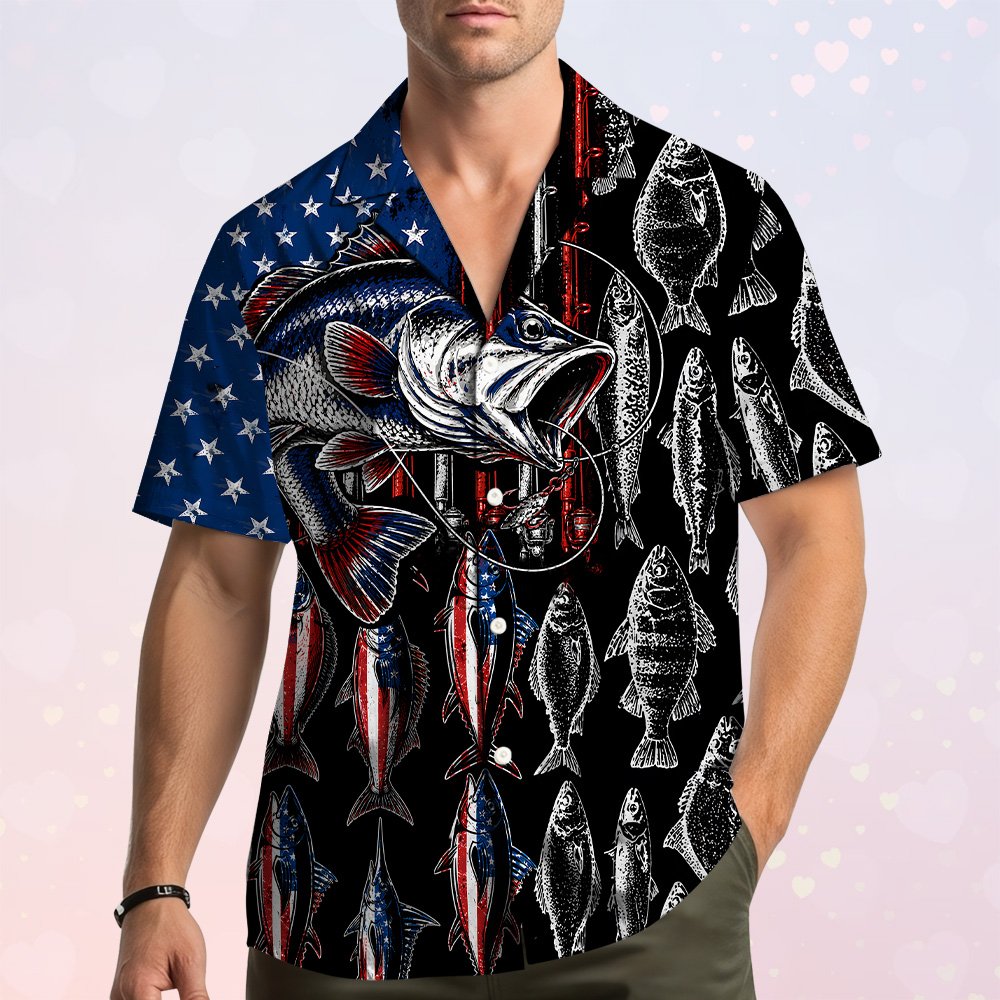 Third lifestyle view showcasing the bold patriotic bass design on the hawaiian shirt