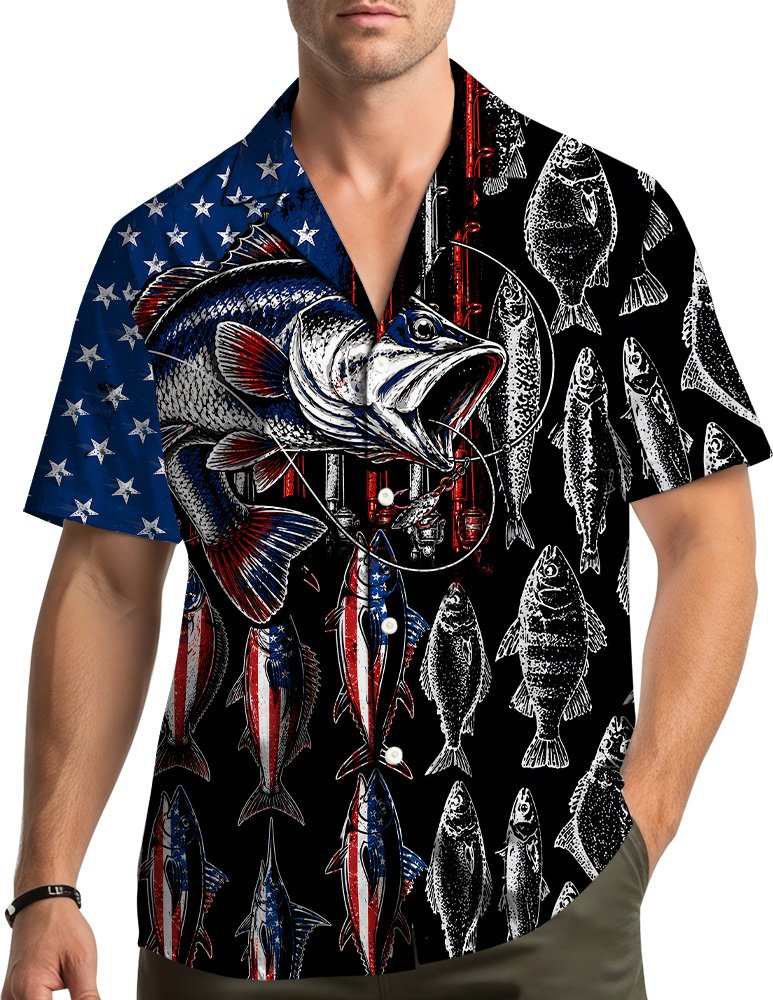 Lifestyle view of a person wearing the patriotic fishing hawaiian shirt outdoors