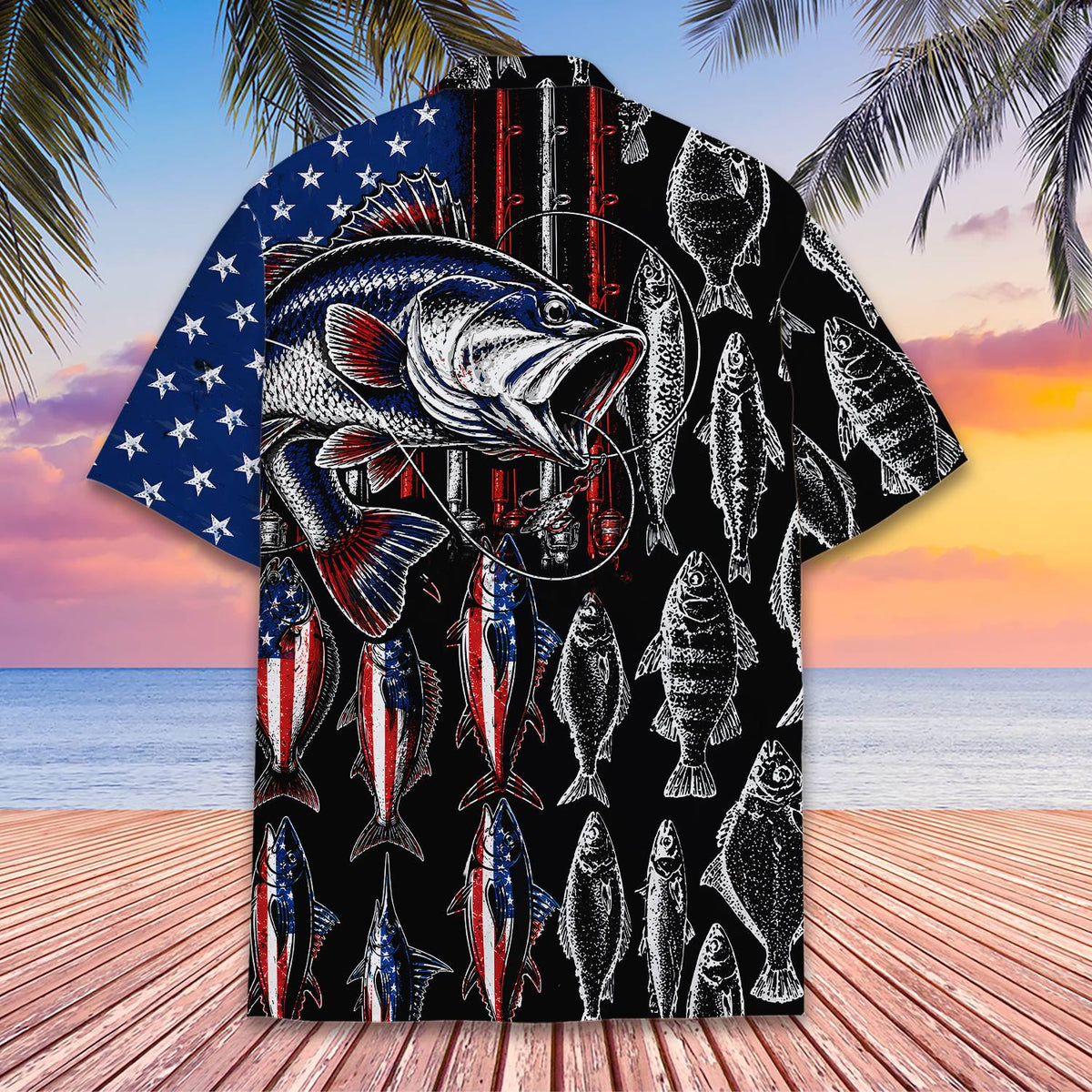 Close-up view of the fabric and flag-patterned fish silhouettes on the shirt