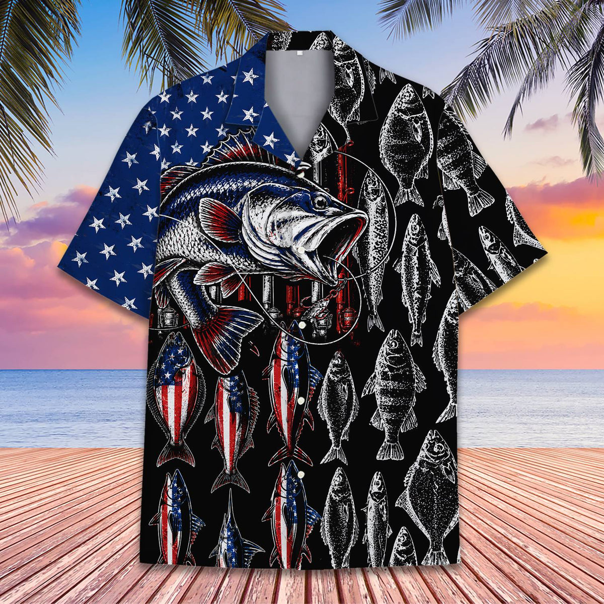 Side angle view of the black fishing hawaiian shirt