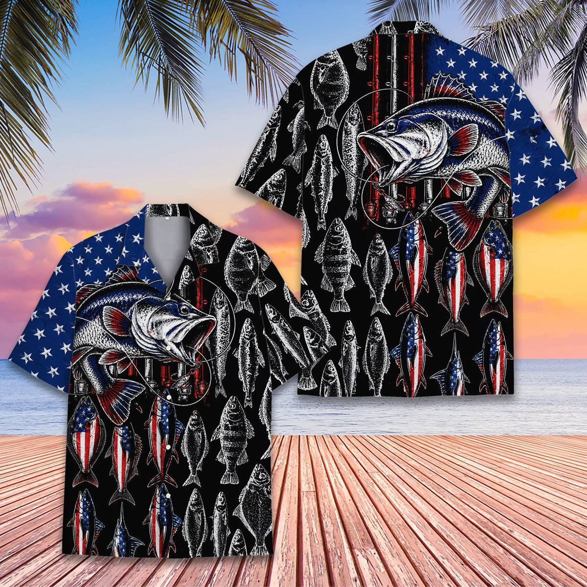 Detailed view of the jumping bass and starry pattern on the hawaiian shirt