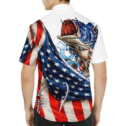 Back view of the patriotic fishing hawaiian shirt showing the waving American flag
