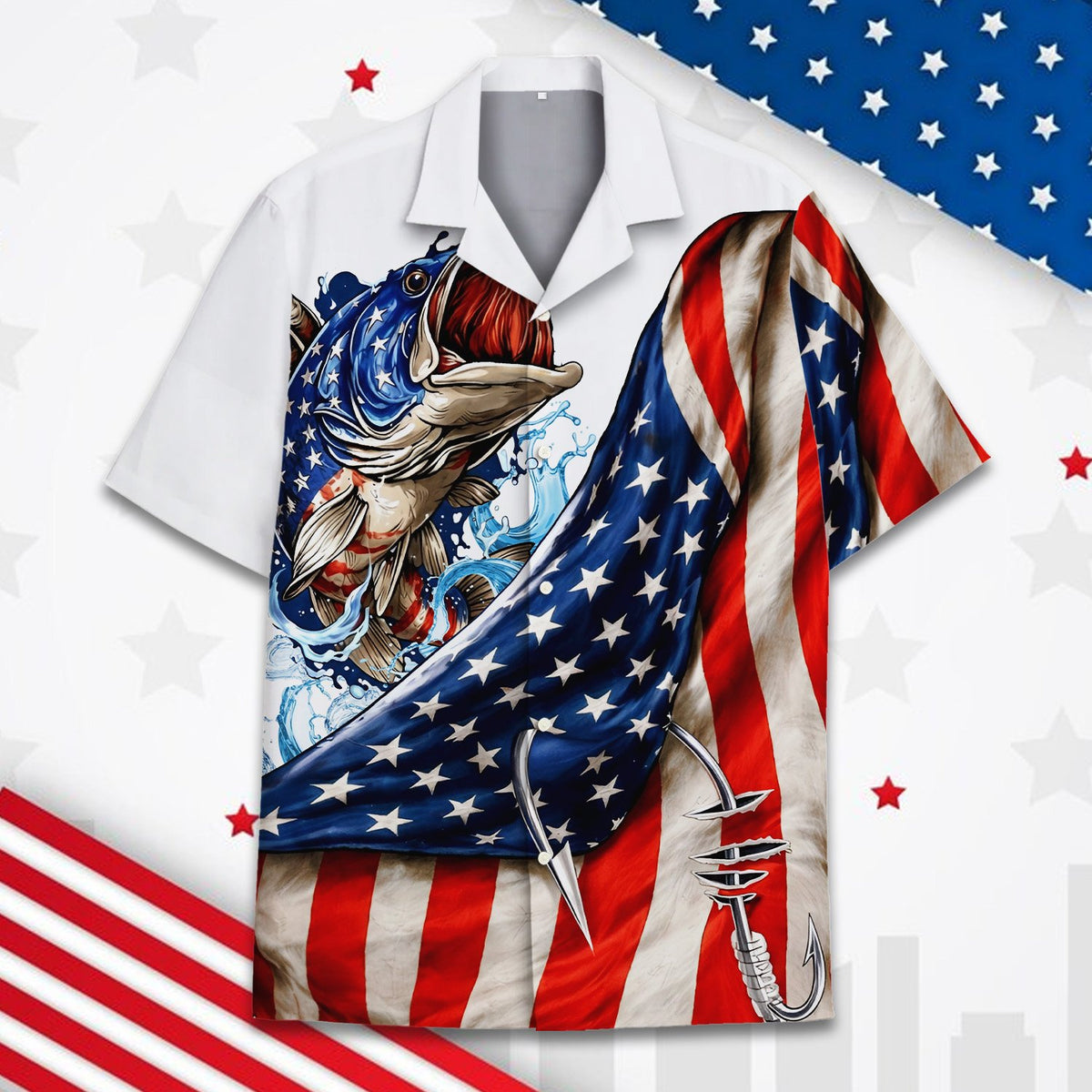Detailed front view of the American flag bass illustration on the hawaiian shirt