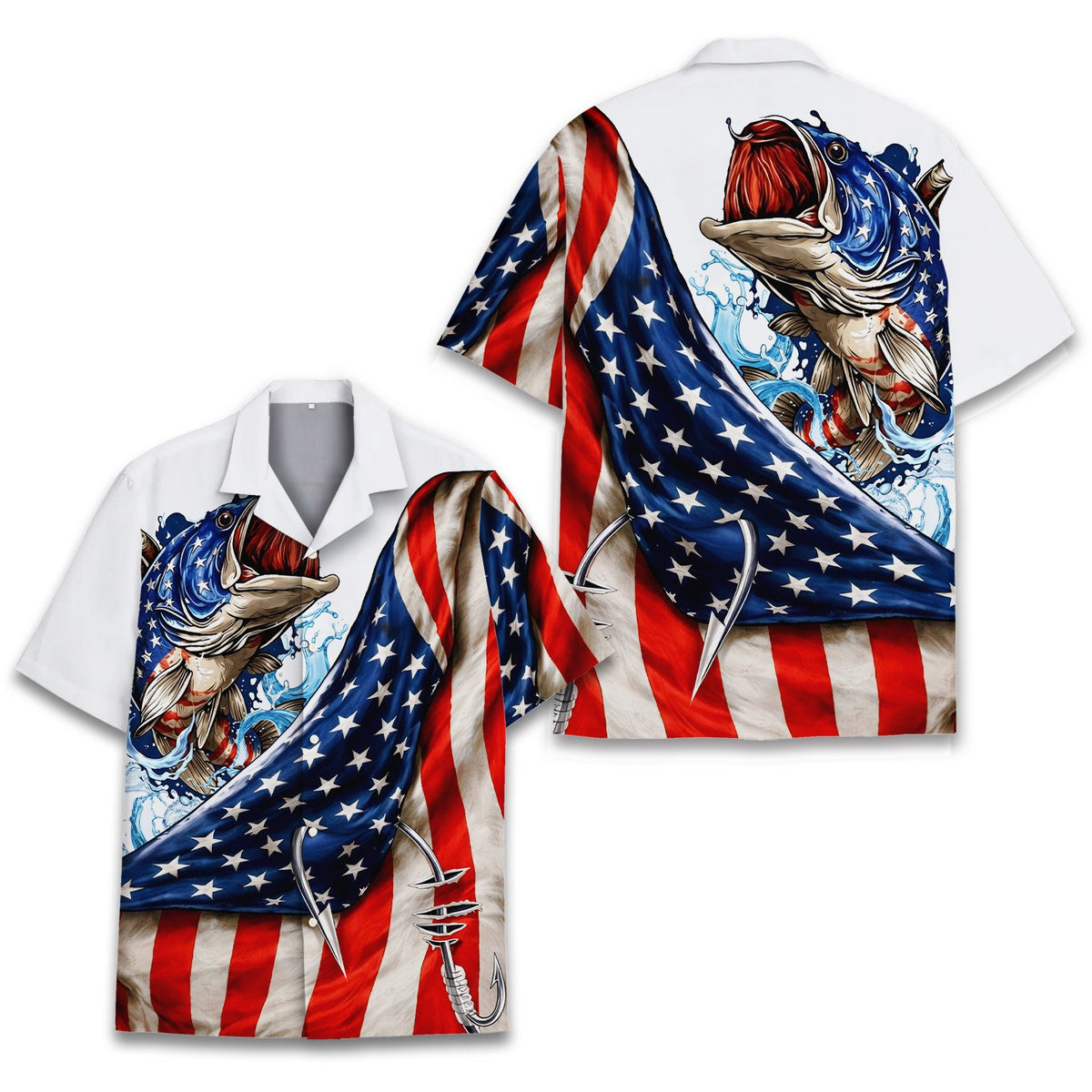 Front angle view of the adult fishing patriotic hawaiian shirt