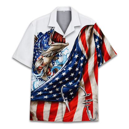Patriotic fishing hawaiian shirt featuring an American flag bass design, main view