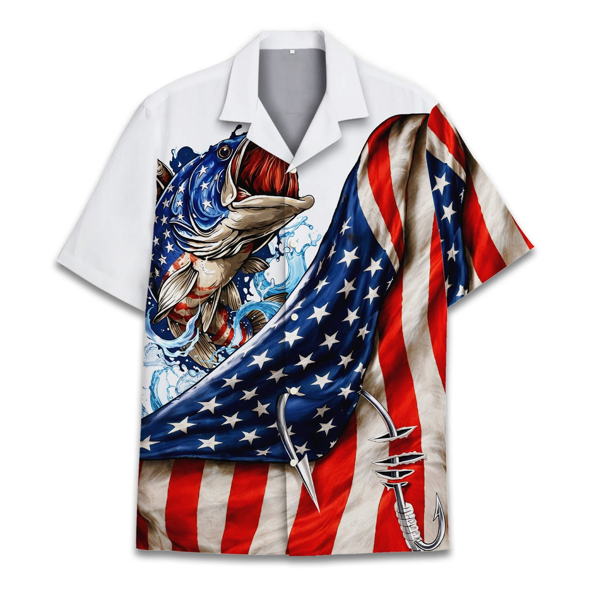 Front view of the patriotic fishing hawaiian shirt with water splash effect