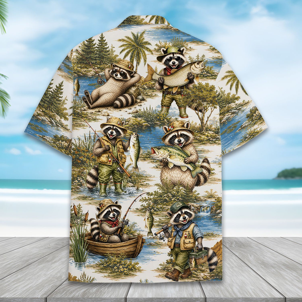 Second back view of the raccoon fishing hawaiian shirt