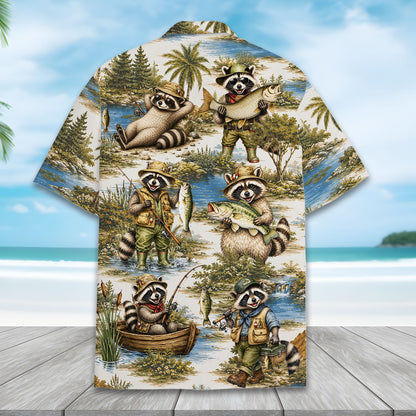 Second back view of the raccoon fishing hawaiian shirt