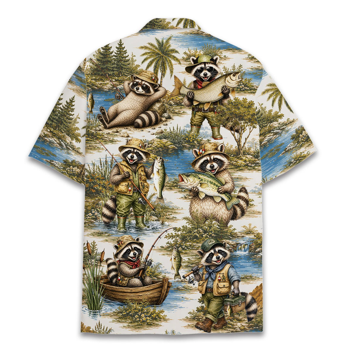 Back view of the fishing raccoons hawaiian shirt