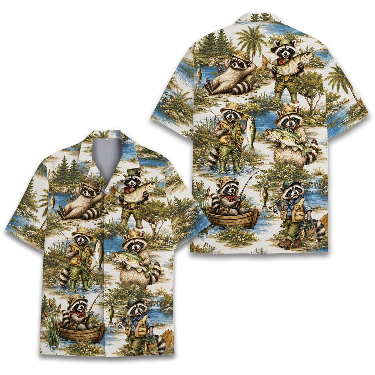 Front view of the matching family hawaiian shirt with raccoon print