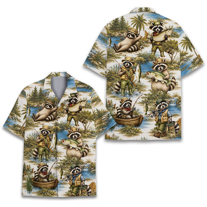 Front view of the matching family hawaiian shirt with raccoon print
