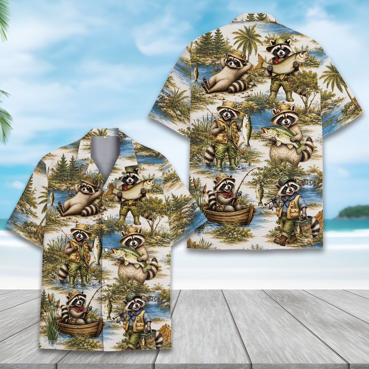 Another front view of the fishing raccoons shirt