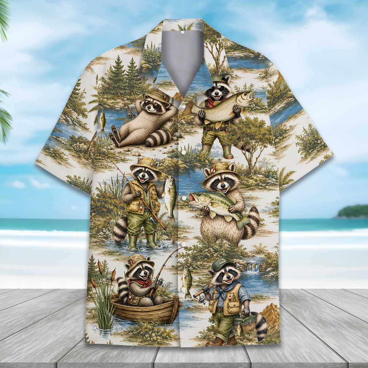 Additional front view of the fishing raccoons hawaiian shirt