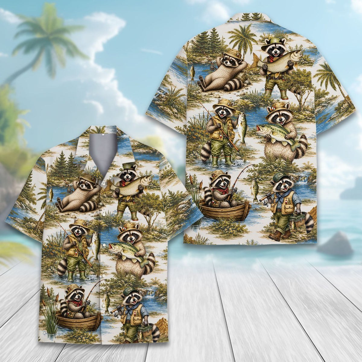 Fishing raccoons hawaiian shirt, main view showing the all-over print of raccoons fishing