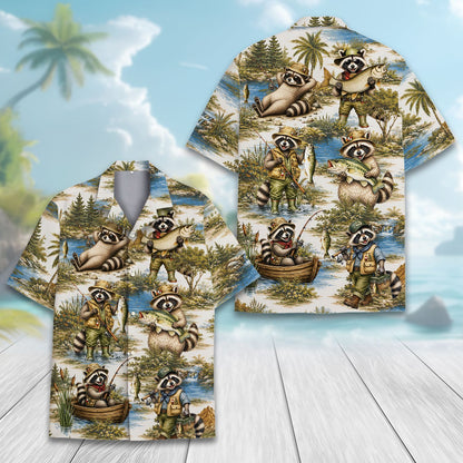 Fishing raccoons hawaiian shirt, main view showing the all-over print of raccoons fishing