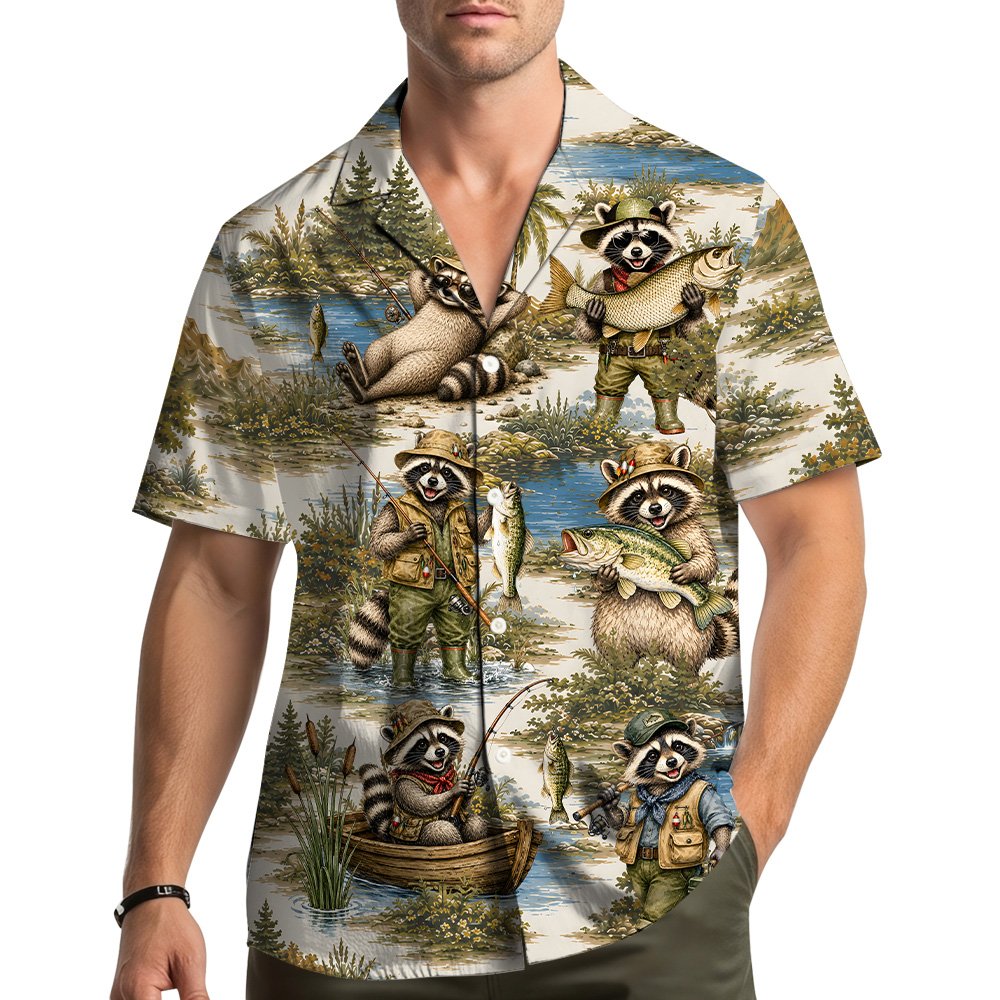 Lifestyle view of people wearing the fishing raccoons hawaiian shirt outdoors