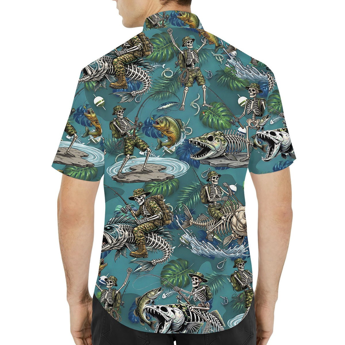 Alternative back view of the teal fishing hawaiian shirt