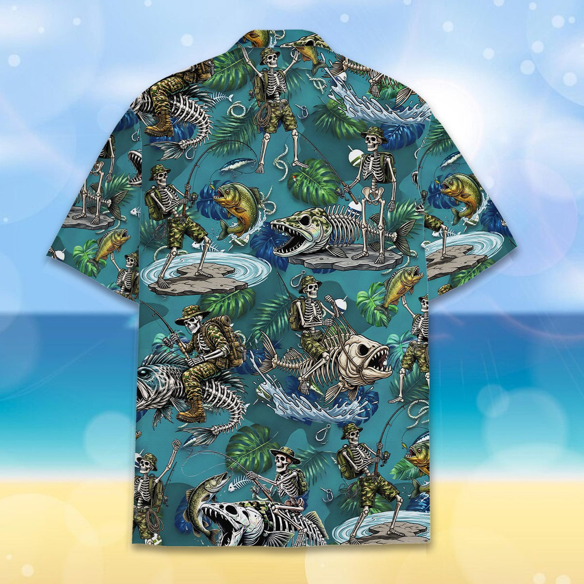 Back view of the fishing skeletons hawaiian shirt